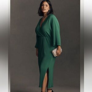 Anthropologie Deep Green Midi Wrap-Front Dress
